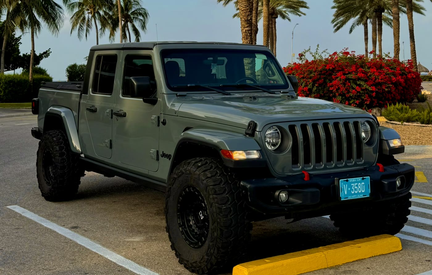 Grey Jeep Gladiator parked in front of palm trees