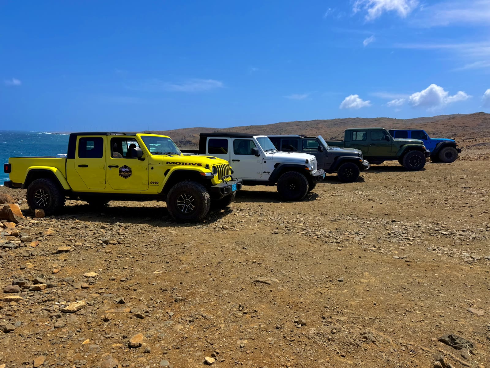 Yellow, white and dark Jeeps parked in a row on rocky ground with the sea behind them