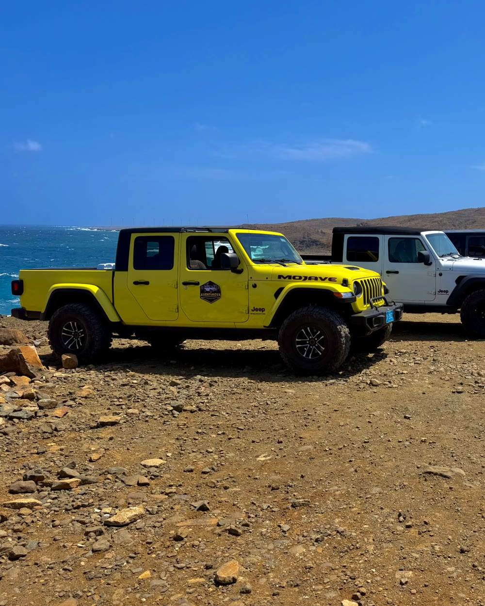 Jeeps parked in a row on rocky ground above the sea