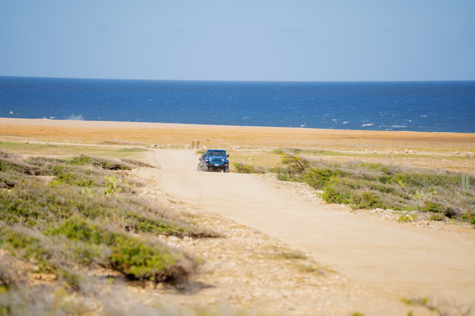 Blue Jeep on a sandy track between low scrub with the sea in the distance